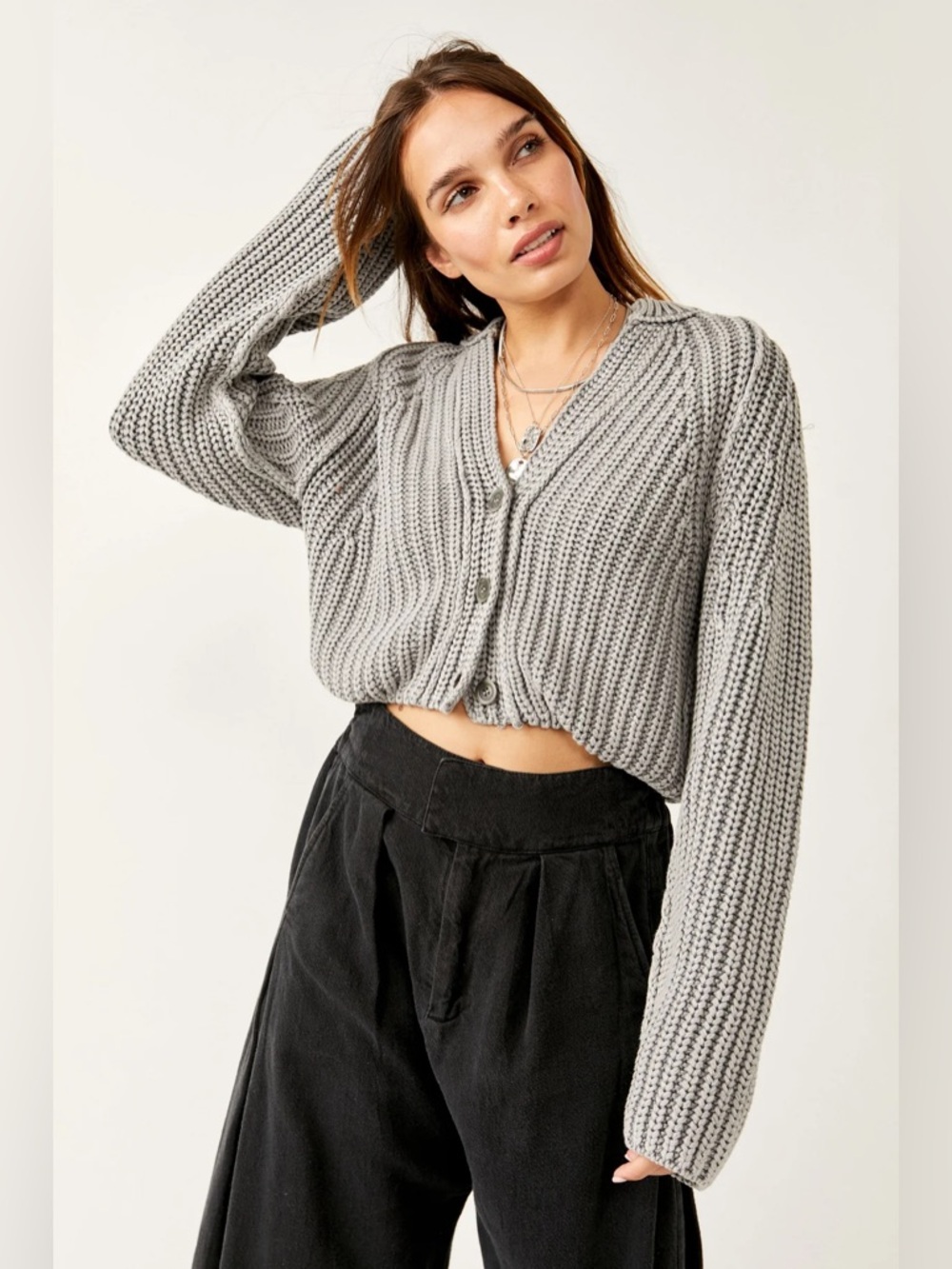 Free People Sweet Nothing Gray Chunky Women’s Cropped Cardigan Sweater Sz L